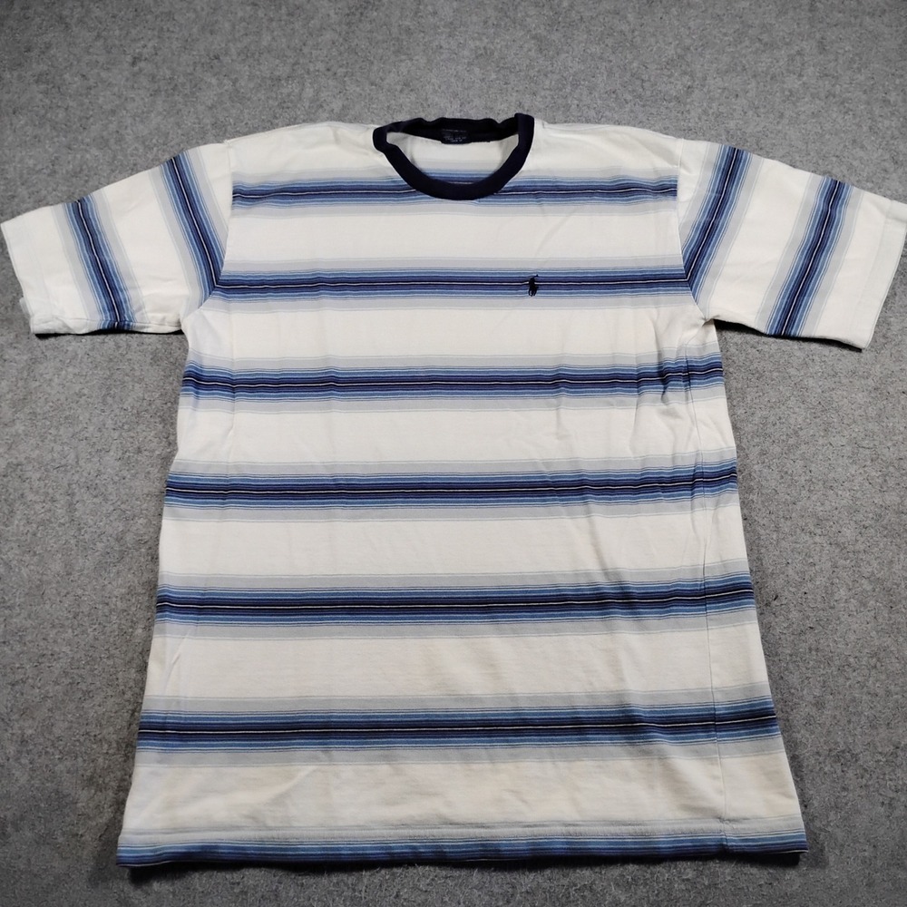 Vintage Polo Ralph Lauren Mens XL Striped Crew Neck T-Shirt White Blue Cotton